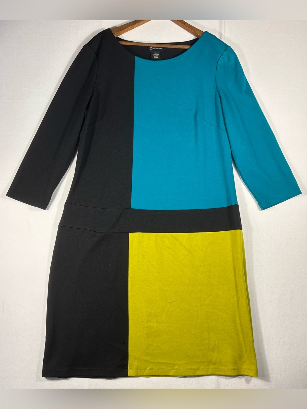 New Directions Women’s 16 Colorblock Shift Dress in Teal, Black & Yellow